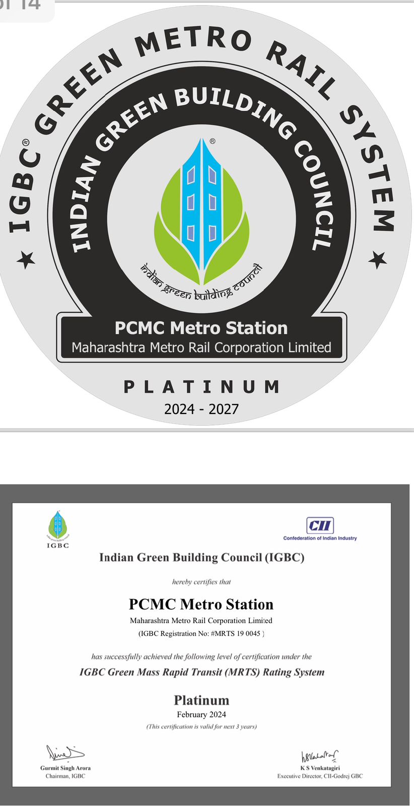 7 Stations of Pune Metro Gets the IGBC Platinum Rating under MRTS Elevated Stations Category